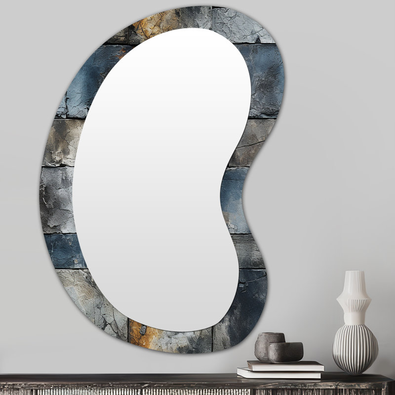 Errapel Industrial Concrete Wall Illusion - Brick Asymmetrical Decorative Mirror, Grey Irregular Shape Wall Mirror, Printed Metal Art