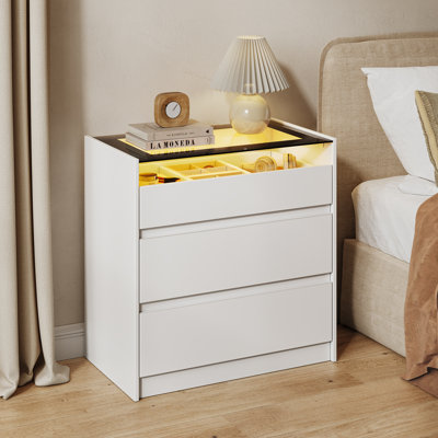 White 3 Drawer Nightstand with Glass Top and LED Lights, 23.6" W Modern Bedside Table Storage Cabinet