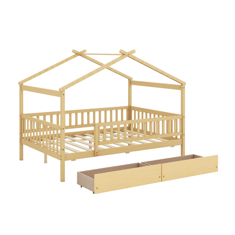 Lit double en bois avec tiroirs, Full, Naturel