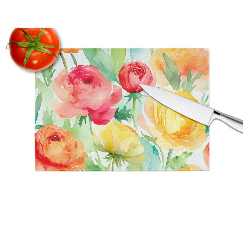 Renoncule dans une grande planche à découper en verre aquarelle