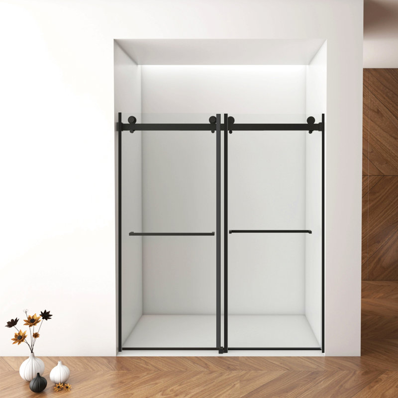 56"-60"W X 76"H Frameless Shower Door, Double Sliding Shower Door, 3/8'' (10Mm) Clear Tempered Glass Shower Enclosure With Square Rail,Double Side Easy Clean Coat, With Buffer