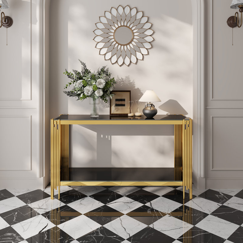 Top And Bottom Double Layer Tempered Glass Console Table And Mirror Finished Stainless Steel Frame, Black, Gold