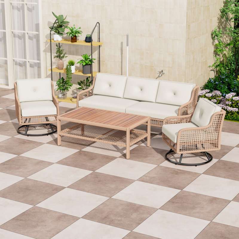 Ensemble de conversation pour patio 4 pièces, canapé en rotin PE 3 places, chaises pivotantes à 360 ° et table basse de rangement