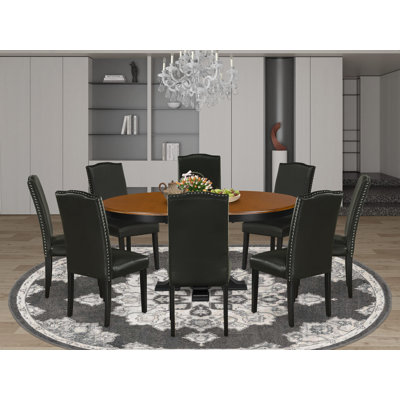 9-Piece Solid Wood Dining Set, A Dining Table with Extension Leaf & Pedestal Legs, Cherry Table Top, 8 Light Beige Linen Fabric Parson Chairs, High Back, Black Finish