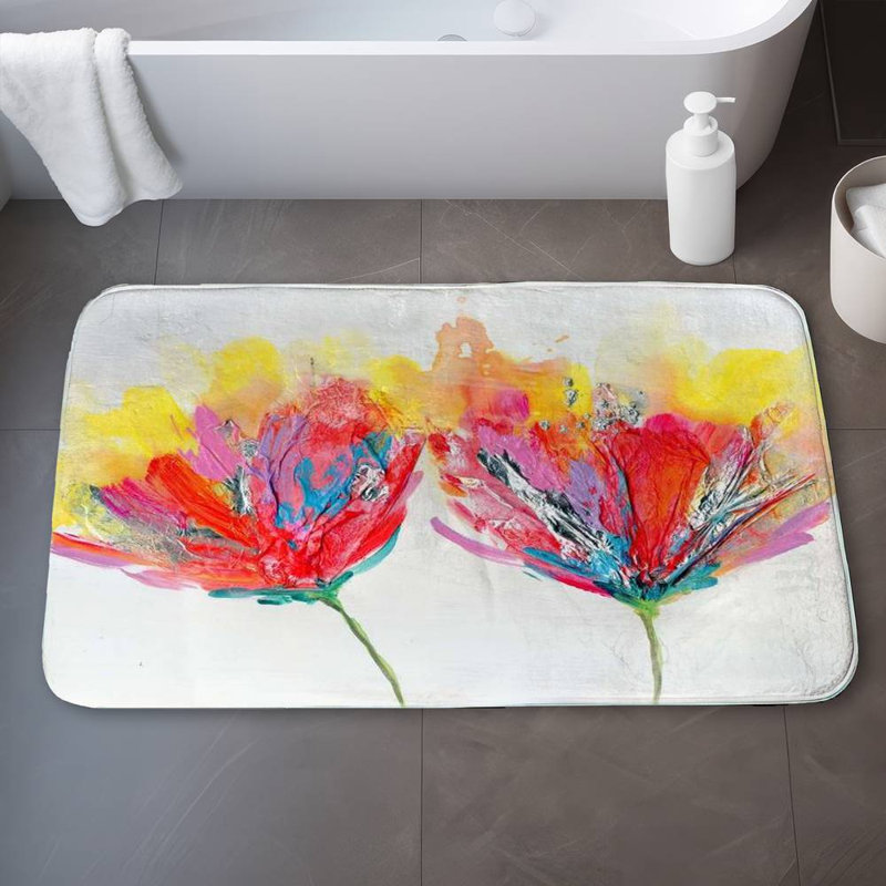Colorful flowers with a butterfly Bath Mat with Non-Slip Backing - Quick Dry Memory Foam Bathroom Rug - Absorbent - Modern Plush Spa-Style - Machine Washable