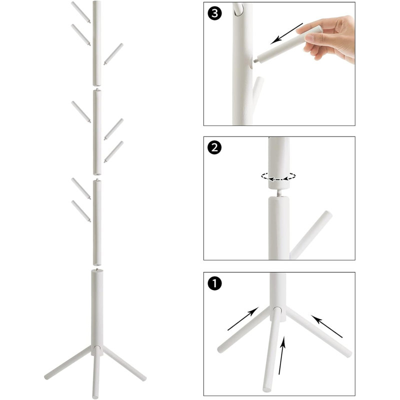 Wooden Adjustable Hall Tree Coat Racks with 8 Hooks, White