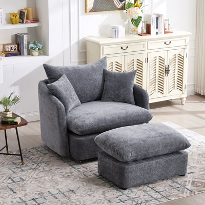 Fauteuil d'appoint pivotant surdimensionné de 46,1 po avec repose-pieds pivotant, siège large de 37,8 po pour les personnes lourdes, fauteuil d'appoint avec 3 coussins de salon, chenille