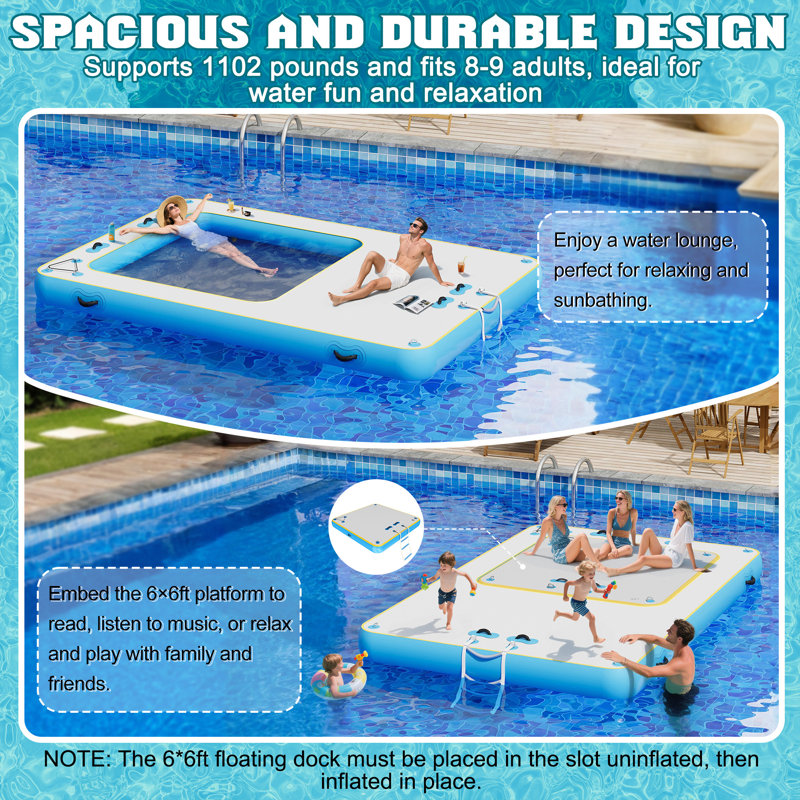 AMERLIFE Inflatable Floating Dock, Non-Slip Air Dock Platform loating Island Raft with Rope Ladder and Water Zone for Pool Lake Beach Ocean (12*8FT)