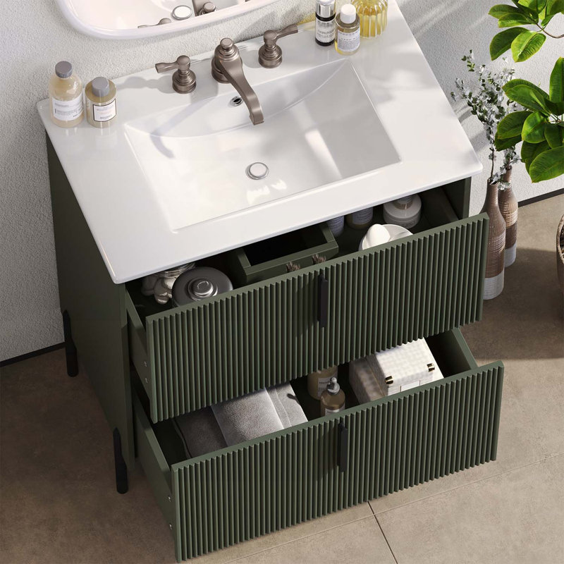 30 Inch Bathroom Vanity with Sink,Full-Extension Drawers,Soft Close Slides,and Fluted Design, Green/Black