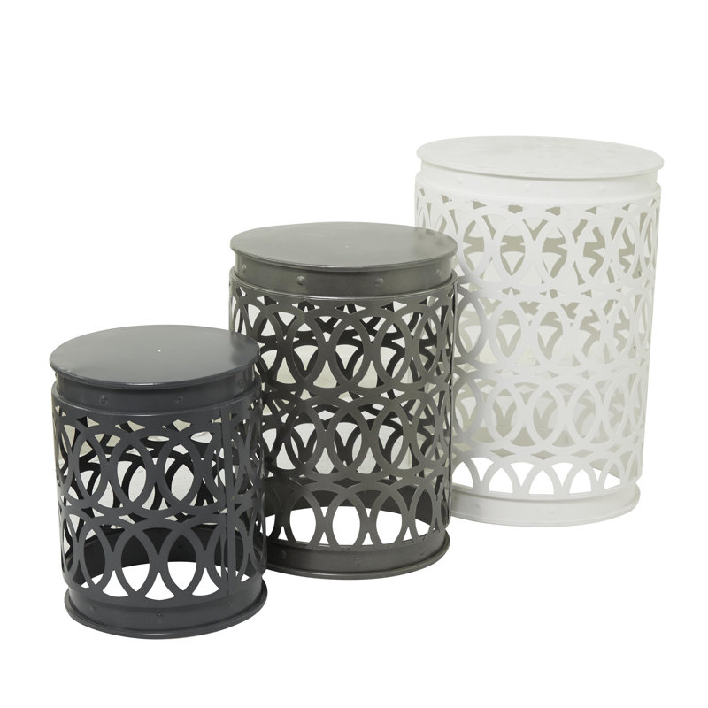 Metal Indoor Outdoor Nesting Side End Accent Table with Carved Trellis Design, Gray/White
