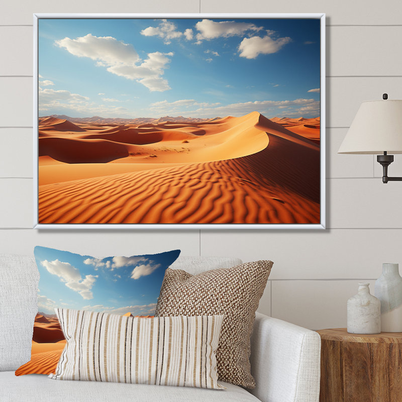 Beige Blue Indian Art Golden Desert, Cadre flottant blanc, H 24 po x l 32 po x P 1 po