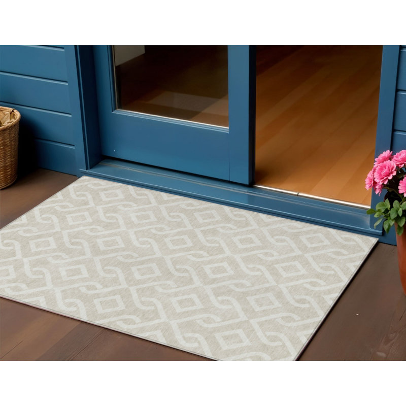 3' X 5' Beige And Ivory Geometric Washable Indoor Outdoor Area Rug