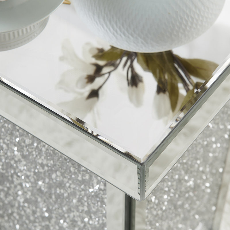 Table de bout en miroir argentée avec incrustation de cristal, table d'appoint moderne, table d'appoint, petite table basse carrée pour le salon, la chambre à coucher, le bureau, le couloir, le vestibule. L 13,8 po x P 13,8 po x H 23,6 po