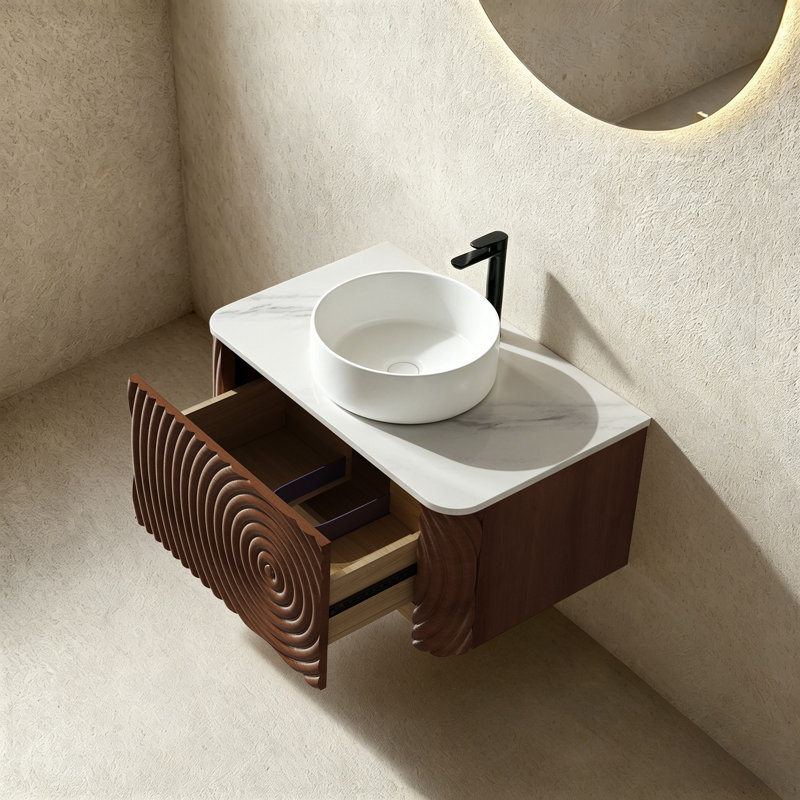 Ensemble de meuble-lavabo mural, lavabo de salle de bain flottant avec lavabo rond en céramique et armoire latérale, ensemble de meuble-lavabo texturé à ondulation d'eau pour les petits espaces, peu encombrant