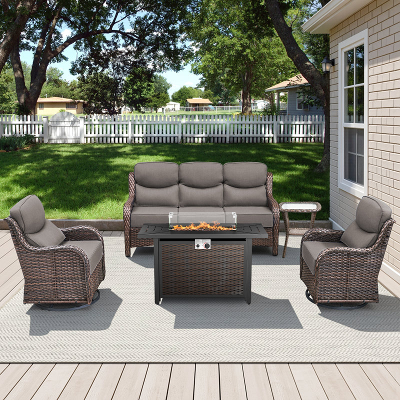 5-Piece Outdoor Wicker Patio Night Fire Pit Table Set With Coffee Table, Brown, Gray