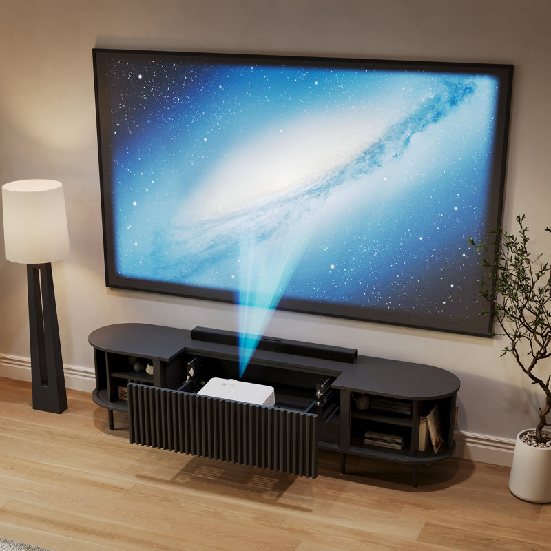 Meuble télé électrique Mid-Century avec projecteur ultra-court, H 21,3 po x L 18,3 po x l 86,6 po, Noir