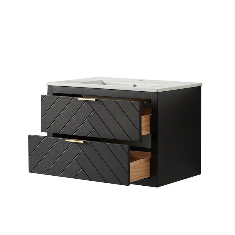 30" Black Wall Mounted & Floating Single Vanity With Ceramic Sink, Black