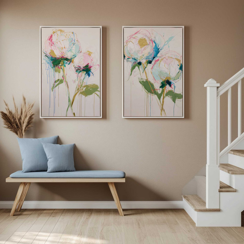 Ensemble de 2 impressions de pivoines chuchotantes, 48 po x 32 po, Cadre flottant en érable américain