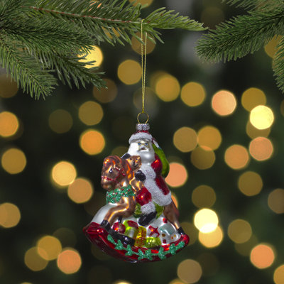 4" Santa on a Rocking Horse Hanging Glass Christmas Ornament