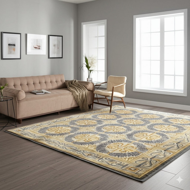 Ivory Hand-Knotted Wool Wreathed Medallion European Modern Contemporary Carpet Rug, 9' x 12'