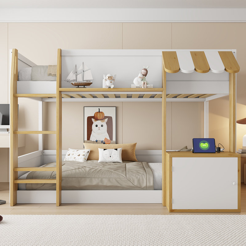 Lit superposé simple au-dessus de simple avec bureau intégré, rangement, échelle et ports USB - blanc, chambre d'enfant peu encombrante