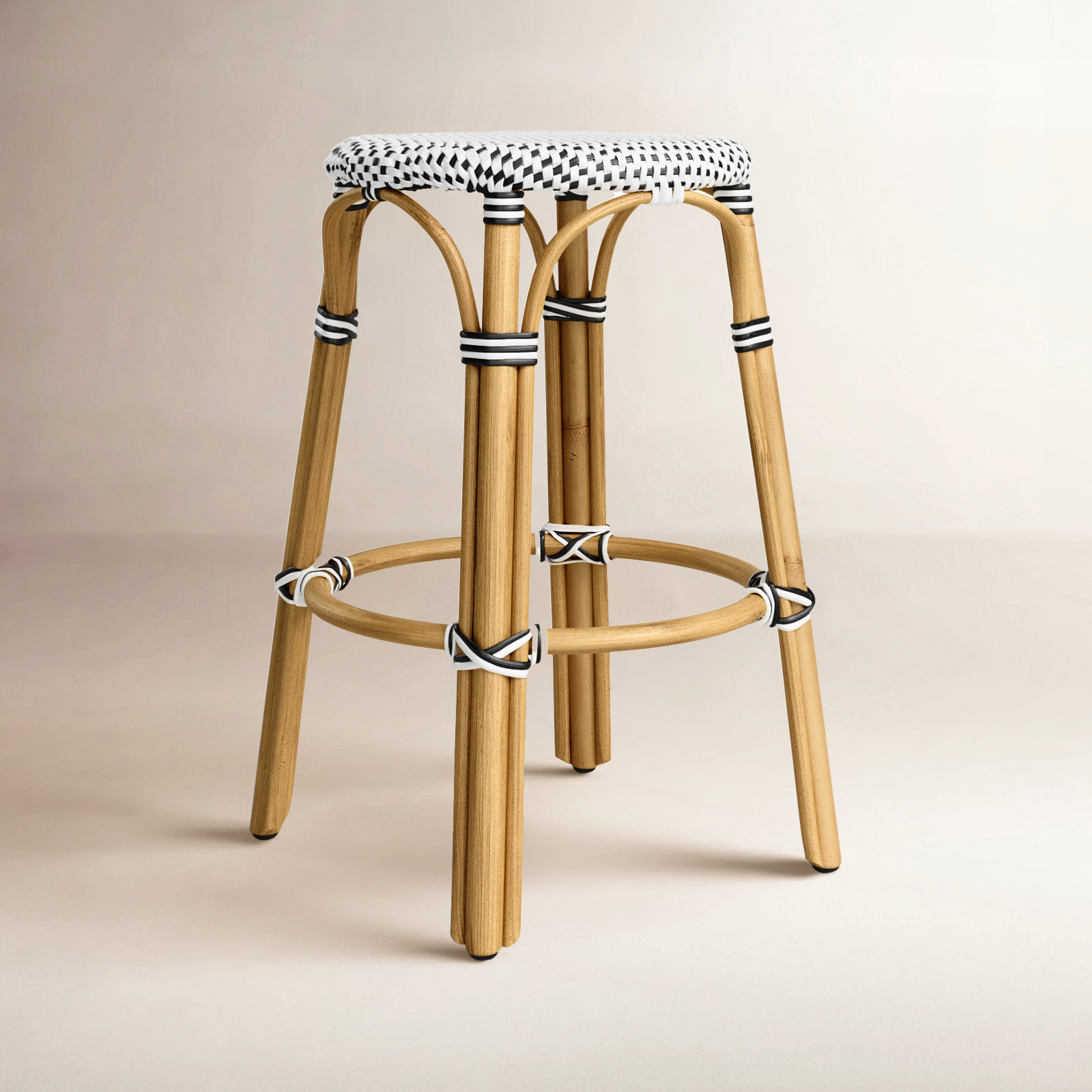 Alastair 30" Bar Stool, Counter Stool (24" Seat Height), White/Black Dot/Natural Rattan Frame