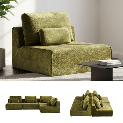 Modular Boneless Sofa Chair, High-Density Foam Floor Couch with 2 Pillows, Plush Velvet Armless Modular Seat, No Assembly Compressed Lazy Sofa for Living Room, Apartment, Bedroom（Green）