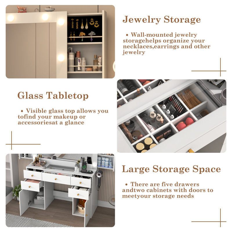 Makeup Vanity Table with Lighted Mirror, Tempered-glass Top, and Quick Charging Socket, White