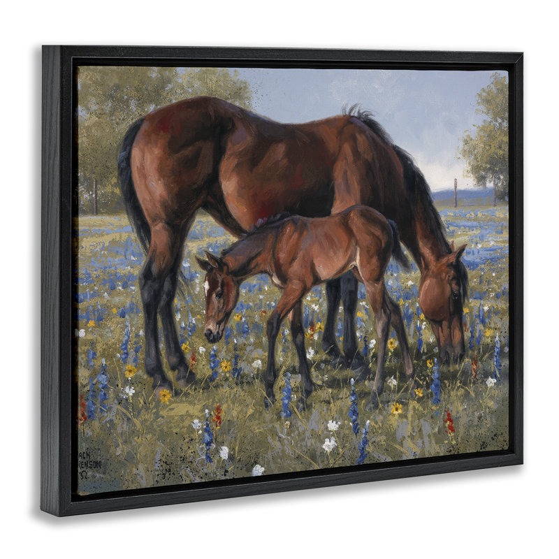 Cheval et poulain, art mural par Jack Sorenson, Cadre flottant noir de jais, H 17 po x l 21 po