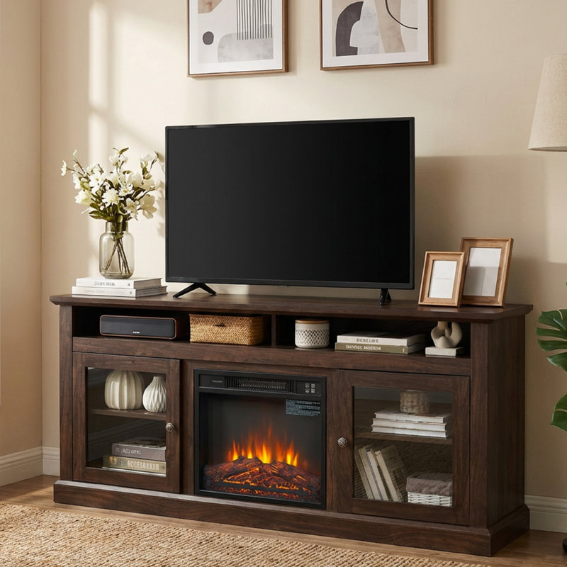 60" Fireplace Entertainment Center with Storage Modern Cabinets TV Stand for 65" TVs Living Room Media Console,Brown, Brown