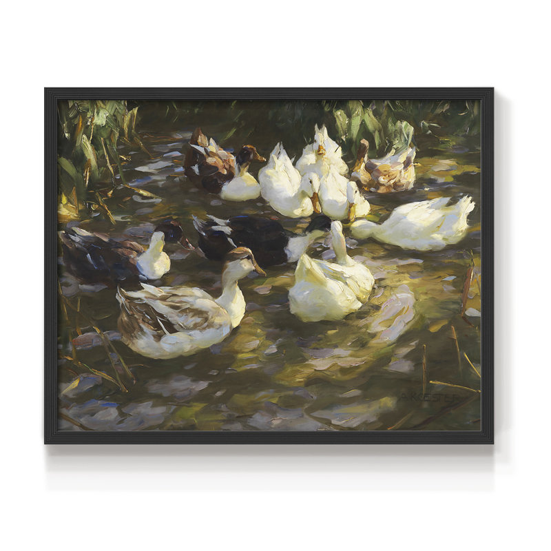 White Ducks in the Pond - Imprimé encadré - Restickable, H 11 po x l 14 po, Noir, noir, noir, noir