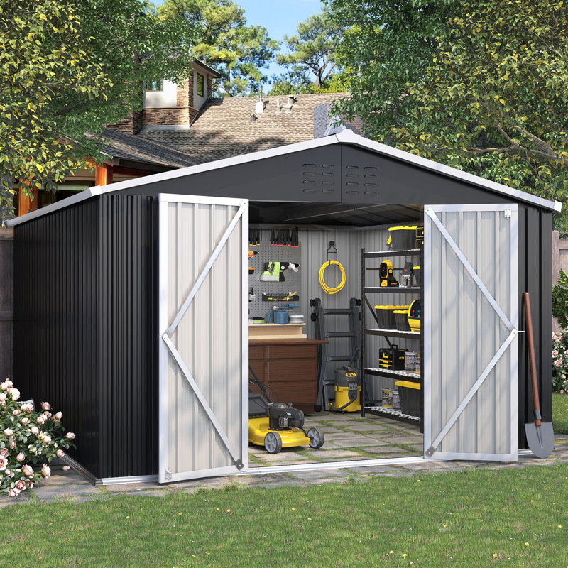 Remise de jardin en métal avec porte verrouillable, rangement extérieur pour outils et vélos (gris)