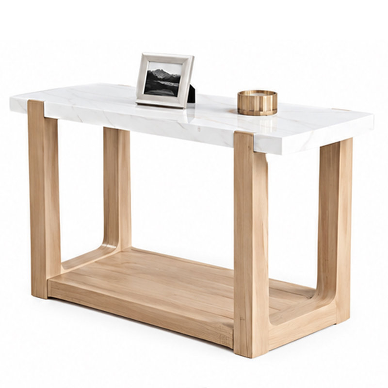 Console de canapé Sane, plateau en faux marbre blanc de 50 po avec tablette, brun, White / Natural Brown, Natural Brown