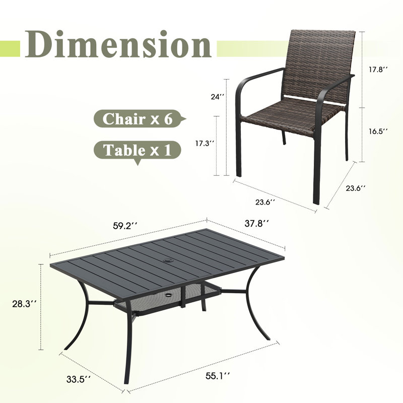 6-Person Rectangular Patio Dining Set With Pe Rattan Chairs