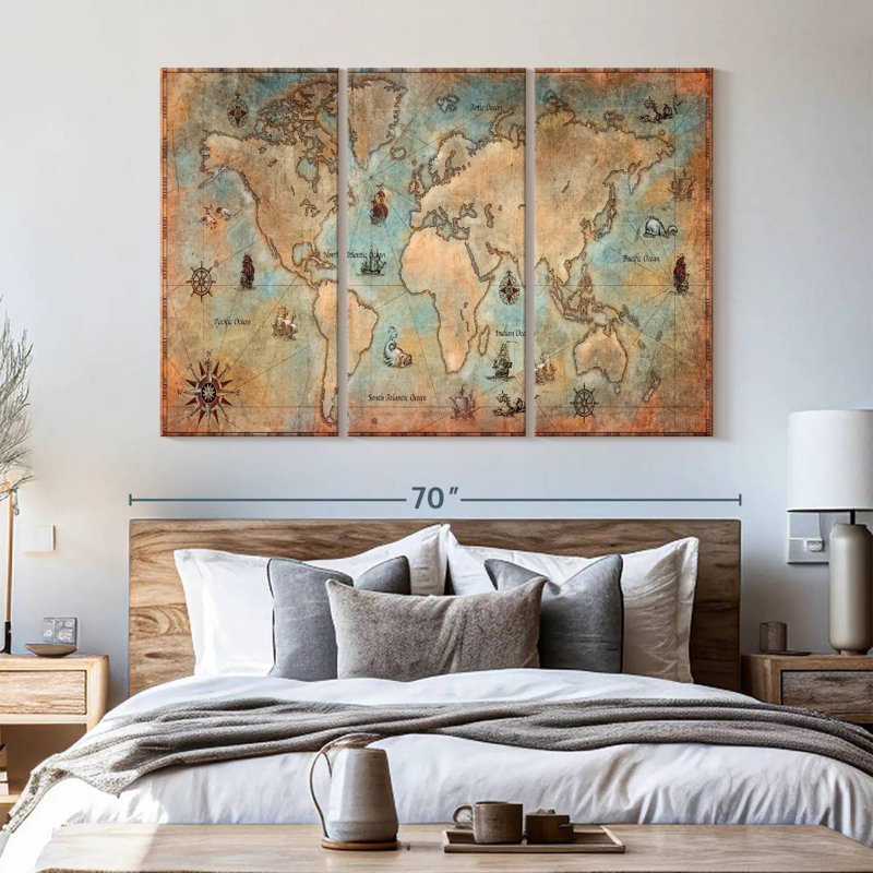 Carte du monde rétro sur 3 pièces, H 42 po x l 65 po x P 1,25 po