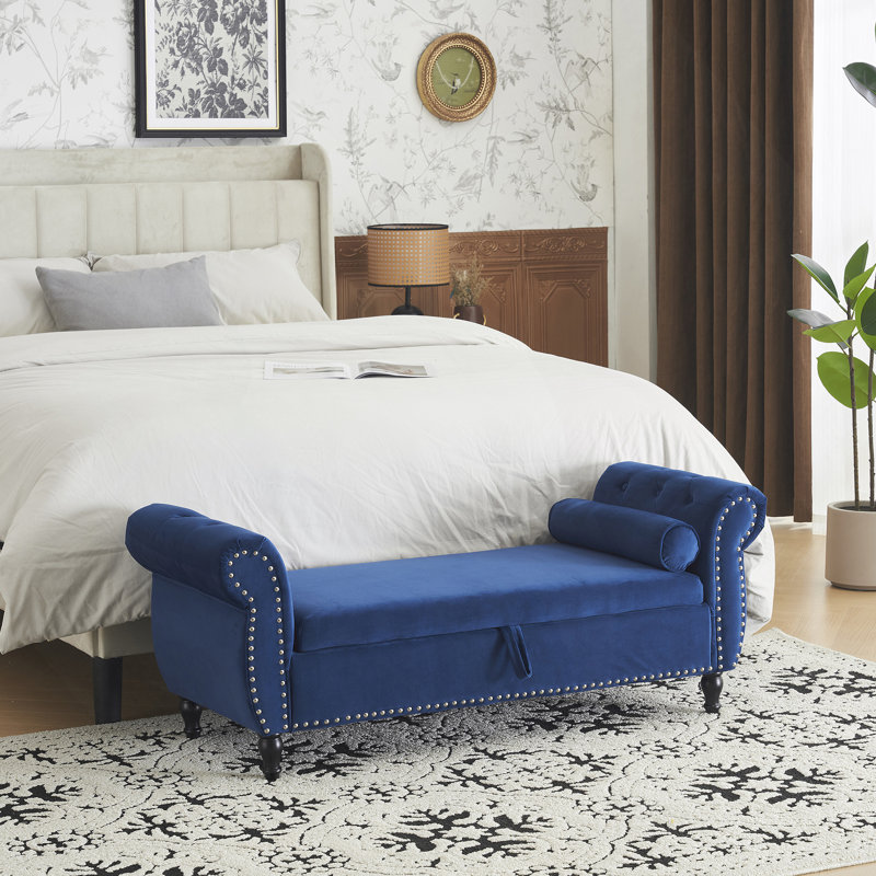 Banc repose-pieds rectangulaire en velours avec rangement et 1 coussin décoratif, Bleu marine antique