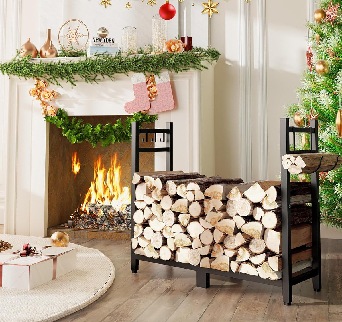 Latitude Run® Firewood Rack Indoor With Log Carrier, 34Inch Outdoor ...