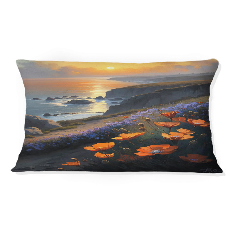 Coussin Orange Fleurs par la côte II - imprimé plage côtière
