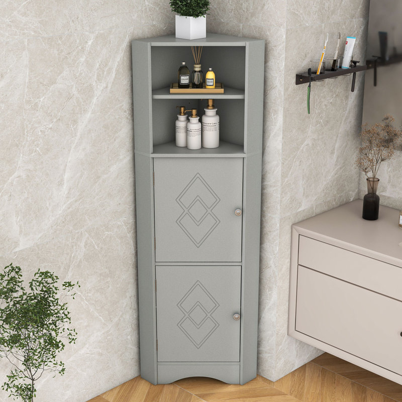 Emanuelli Triangle Freestanding Bathroom Corner Cabinet with Rhombus Pattern Doors and Adjustable Shelves, Grey