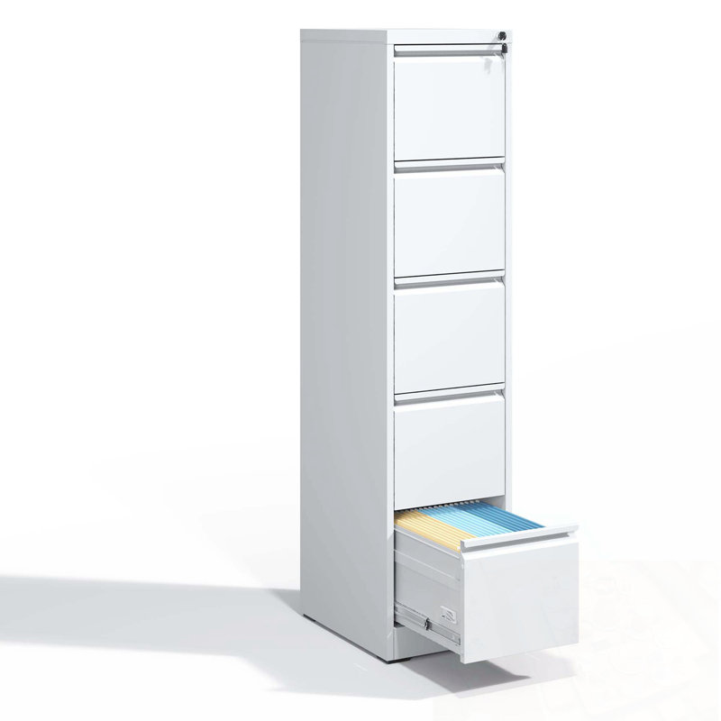 Metal Vertical File Cabinet with Lock and 5 Drawers, White