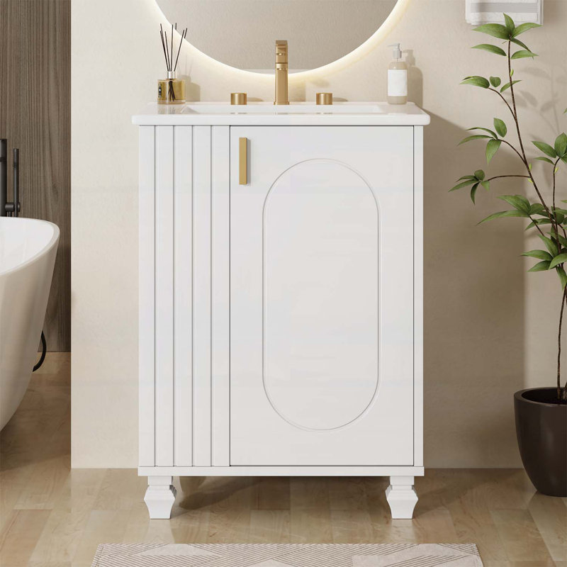 Meuble-lavabo de 24 po avec lavabo, structure en bois, porte à fermeture douce et rangement latéral ouvert, Blanc