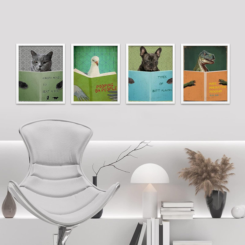 Chat, oiseau, dinosaure, chien, reproduction encadrée de 4 pièces, H 14 po x l 11 po x P 1 po, Cadre blanc