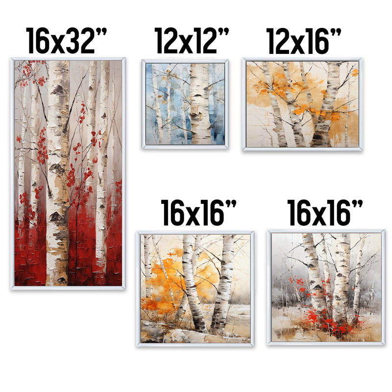 Bois de bouleau blanc et rouge en hiver V - ensemble de 5 impressions sur toile de bouleau, Cadre flottant blanc