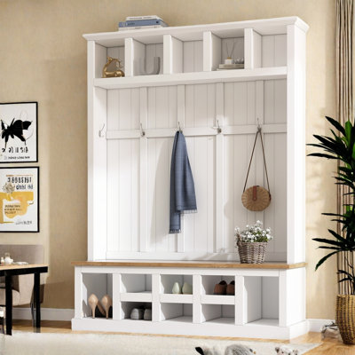 Arbre d'entrée en bois Farmhouse avec banc de rangement large, armoire à chaussures d'entrée avec 13 compartiments et 6 crochets, blanc