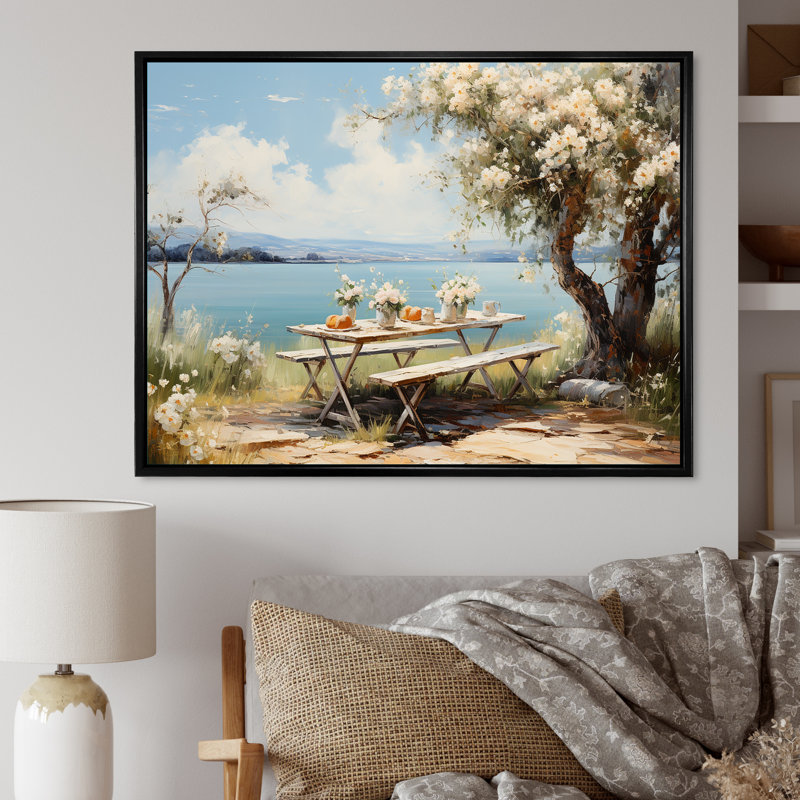 Pique-nique au lac II sur toile, Cadre flottant noir, H 16 po x l 32 po x P 1 po