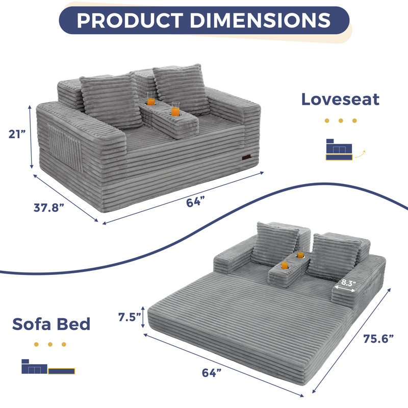 4 in 1 Convertible Compression Sofa Couch Striped Faux Fur Foldable Loveseat Sofa Bed, Gray, 21" H x 64" W x 37.8" D