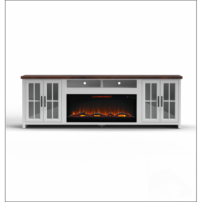Meuble télé 97 po avec foyer pour téléviseur de 100 po ou moins, assemblage minimal, fini jasmin et finition bois de grange