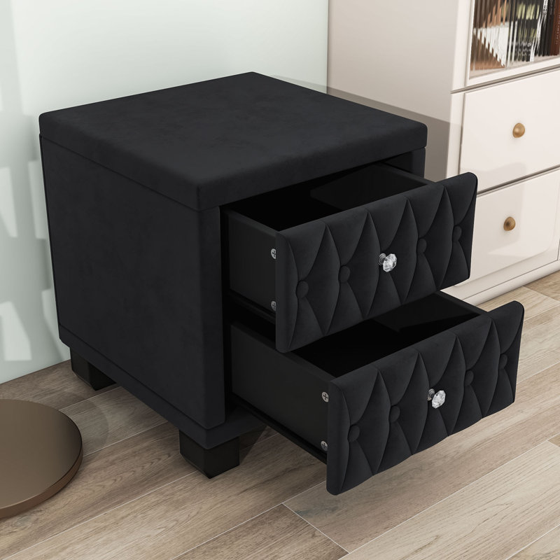 Table de chevet avec 2 tiroirs et capitonnée, Noir