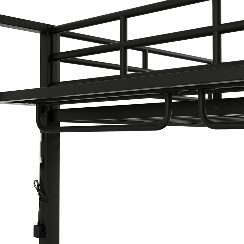 Lit superposé double en métal avec tablettes en filet, crochets à vêtements et DEL - noir, pour, adolescents, adultes, avec garde-corps renforcés télécommandés 7 couleurs à DEL, noir, rangement, peu encombrant