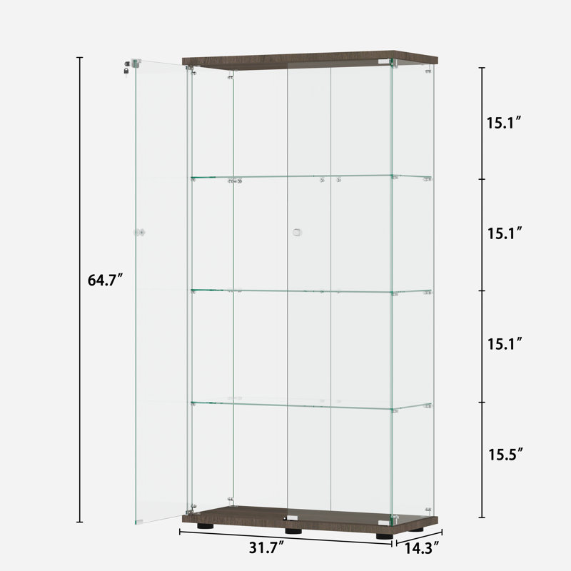 Margarit Glass Display Cabinet, 4 Shelf Case with Glass Door, 64" x 32" x 14", Black/Transparent